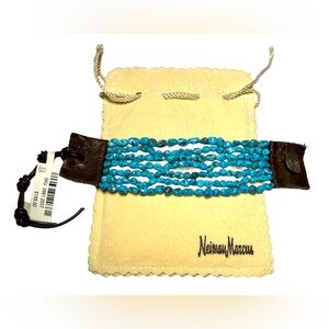 Neiman Marcus Bright Turquoise Leather Strap Nugget Bead Bracelet
